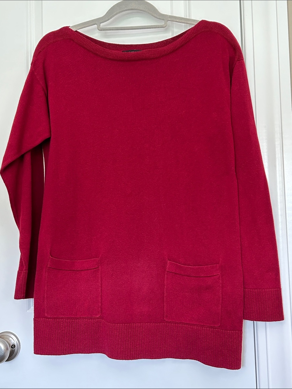 JEANNE PIERRE Off-the-Shoulder Pocket Cotton Knit Sweater in Red, S